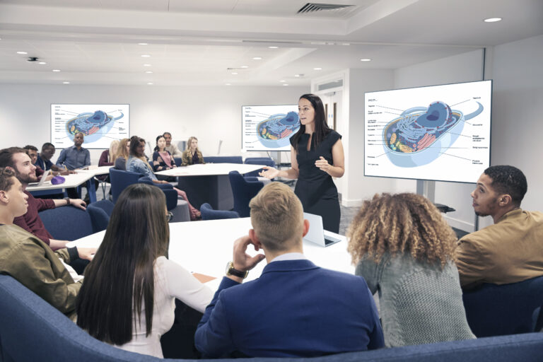 Female teacher addressing university students in a classroom