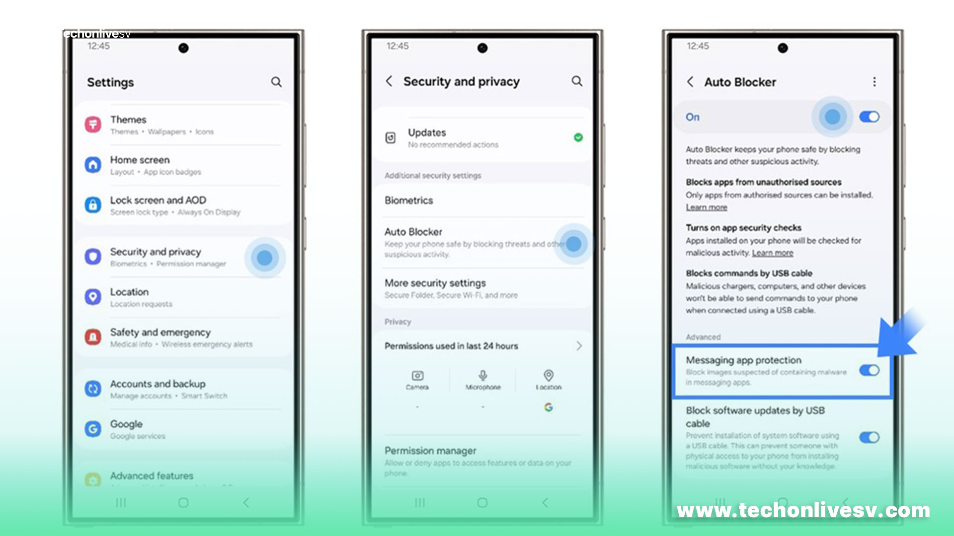 Galaxy protege contra amenazas cibernéticas y permite controlar la privacidad de tu dispositivo con Auto Blocker, Message Guard y con actualizaciones de seguridad
